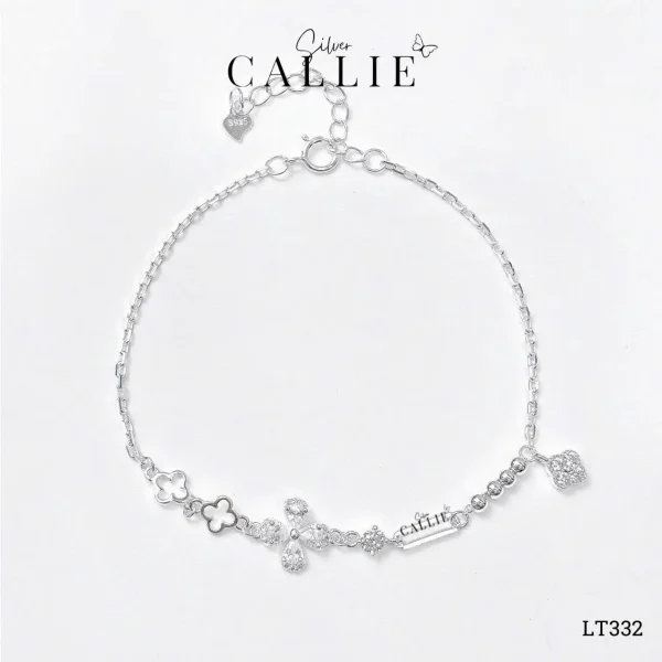 LT332 - Lắc tay bạc Callie Silver cỏ 4 lá đính đá