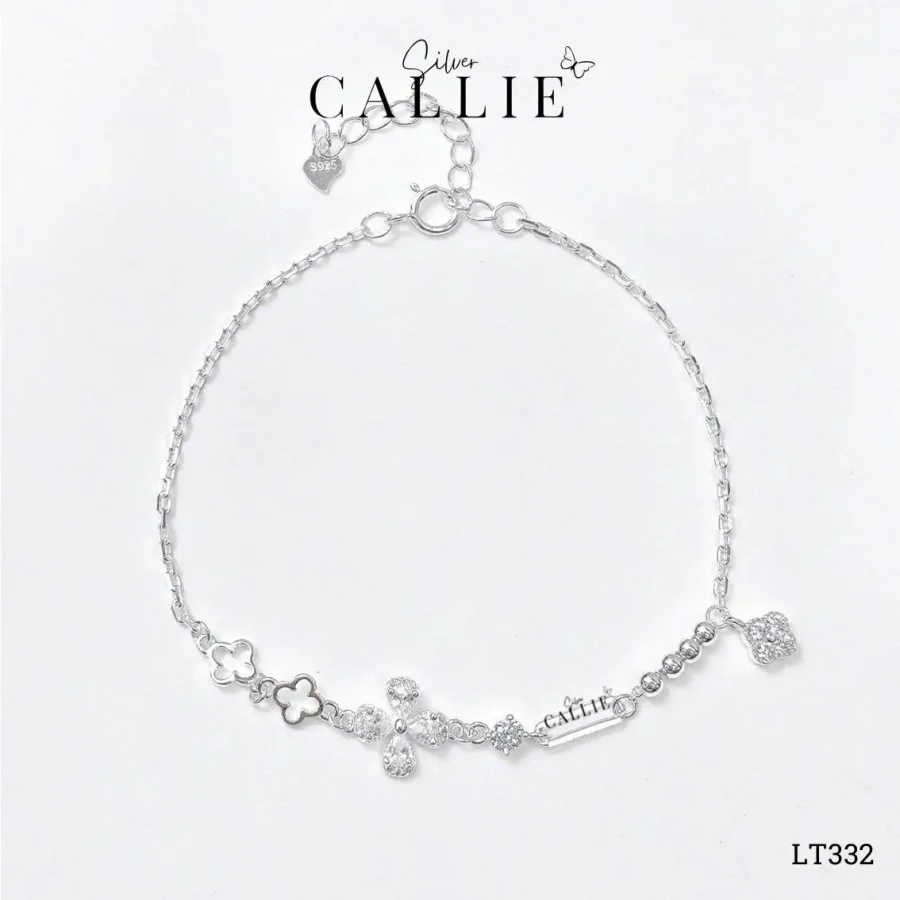 LT332 - Lắc tay bạc Callie Silver cỏ 4 lá đính đá
