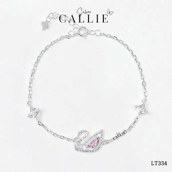 LT334 - Lắc tay bạc Callie Silver thiên nga hồng đính đá và đá vuông