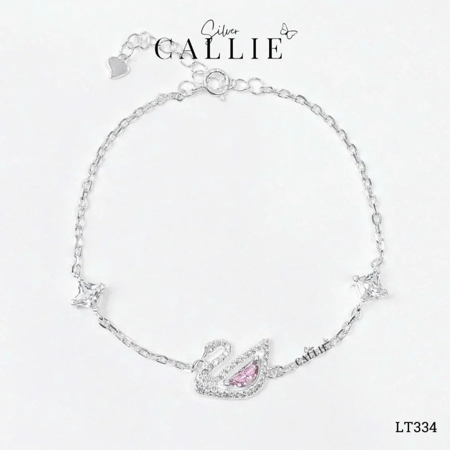 LT334 - Lắc tay bạc Callie Silver thiên nga hồng đính đá và đá vuông