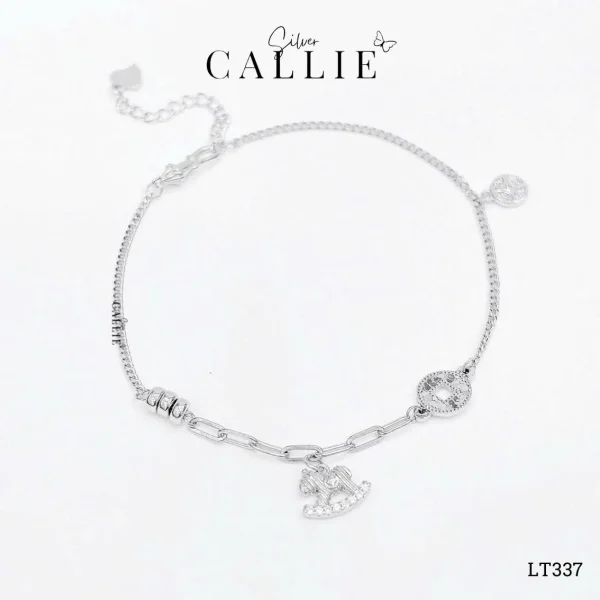 LT337 - Lắc tay bạc Callie Silver ngựa móc máy và kim tiền xi bạch kim