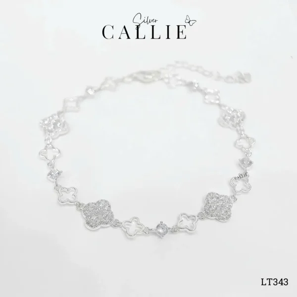 LT343 - Lắc tay bạc Callie Silver cỏ 4 lá xen kẽ đính đá và trơn