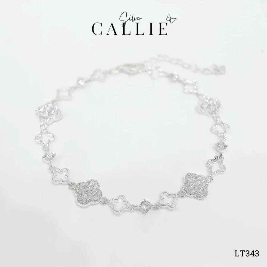 LT343 - Lắc tay bạc Callie Silver cỏ 4 lá xen kẽ đính đá và trơn