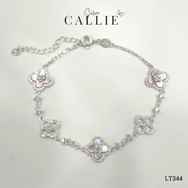 LT344 - Lắc tay bạc Callie Silver cỏ 4 lá hồng đính đá