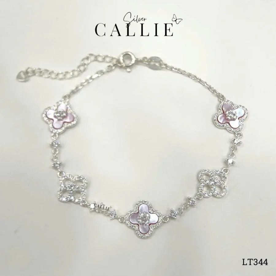 LT344 - Lắc tay bạc Callie Silver cỏ 4 lá hồng đính đá