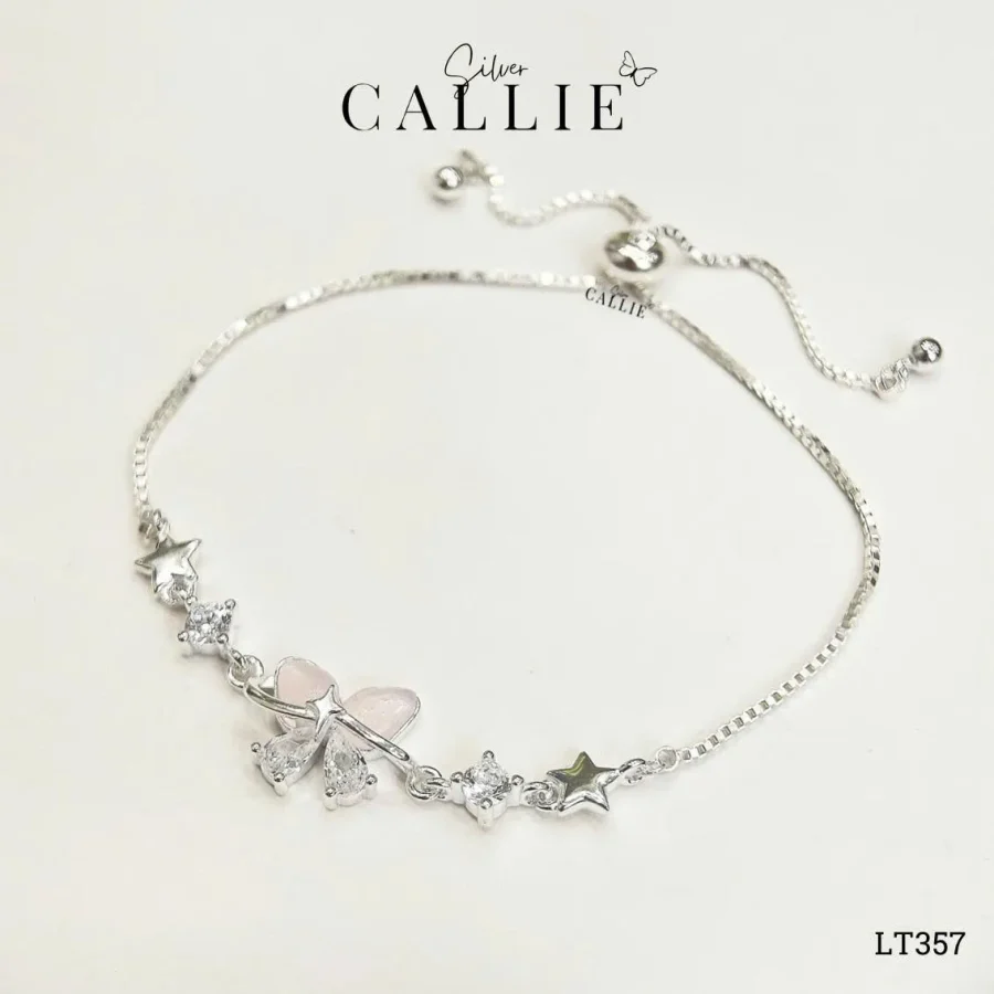 LT357 - Lắc Tay Bạc Callie Silver Bướm Hồng Ánh Sao Dây Rút