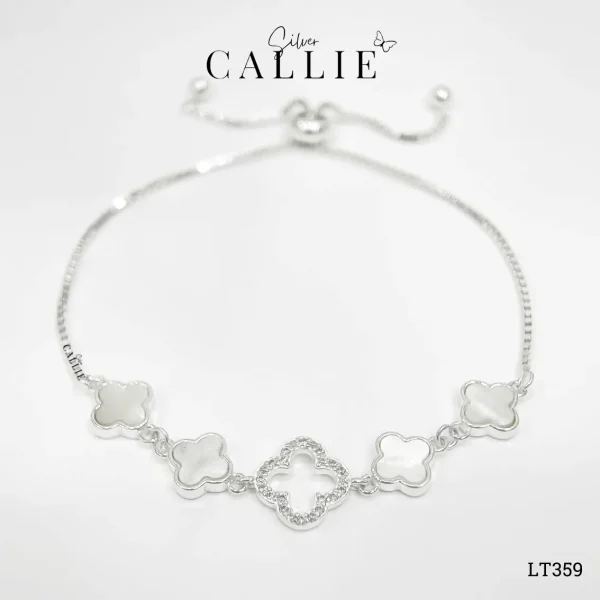 LT359 - Lắc Tay Bạc Callie Silver Cỏ 4 Lá Xà Cừ Dây Rút