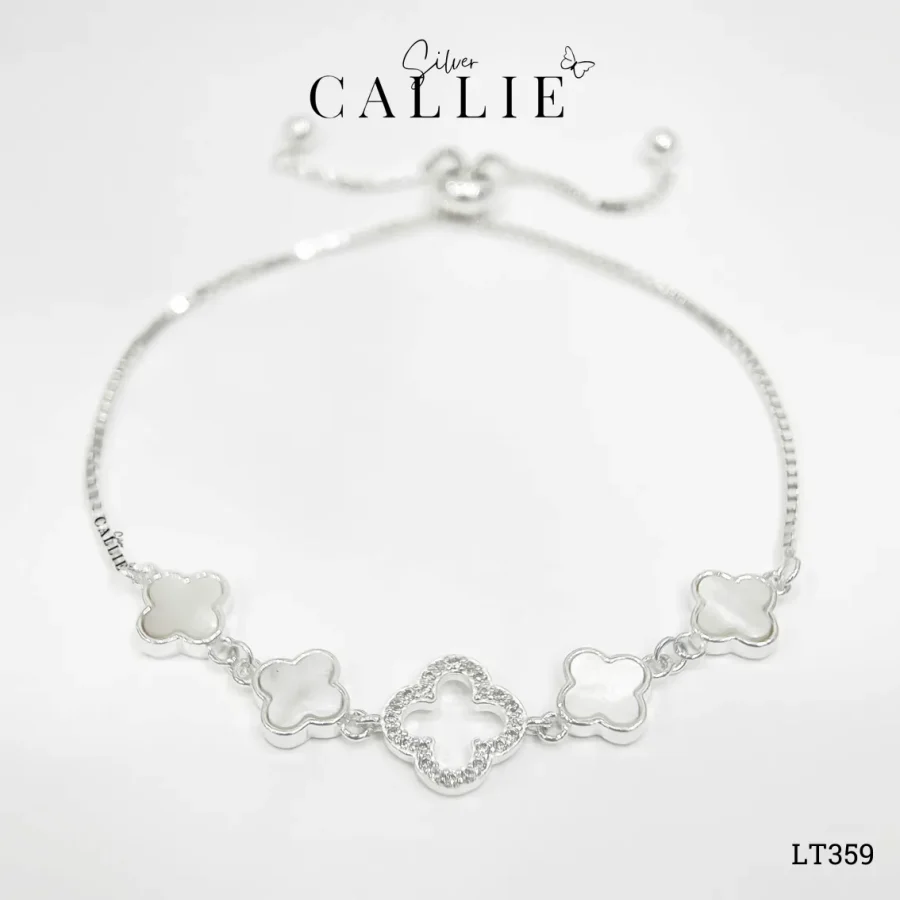 LT359 - Lắc Tay Bạc Callie Silver Cỏ 4 Lá Xà Cừ Dây Rút