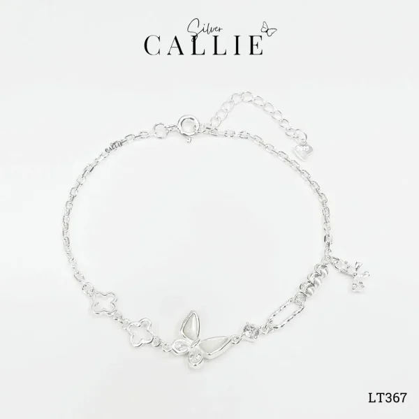 LT367 - Lắc tay bạc Callie Silver cánh bướm xà cừ - hạt charm tròn - cỏ bốn lá