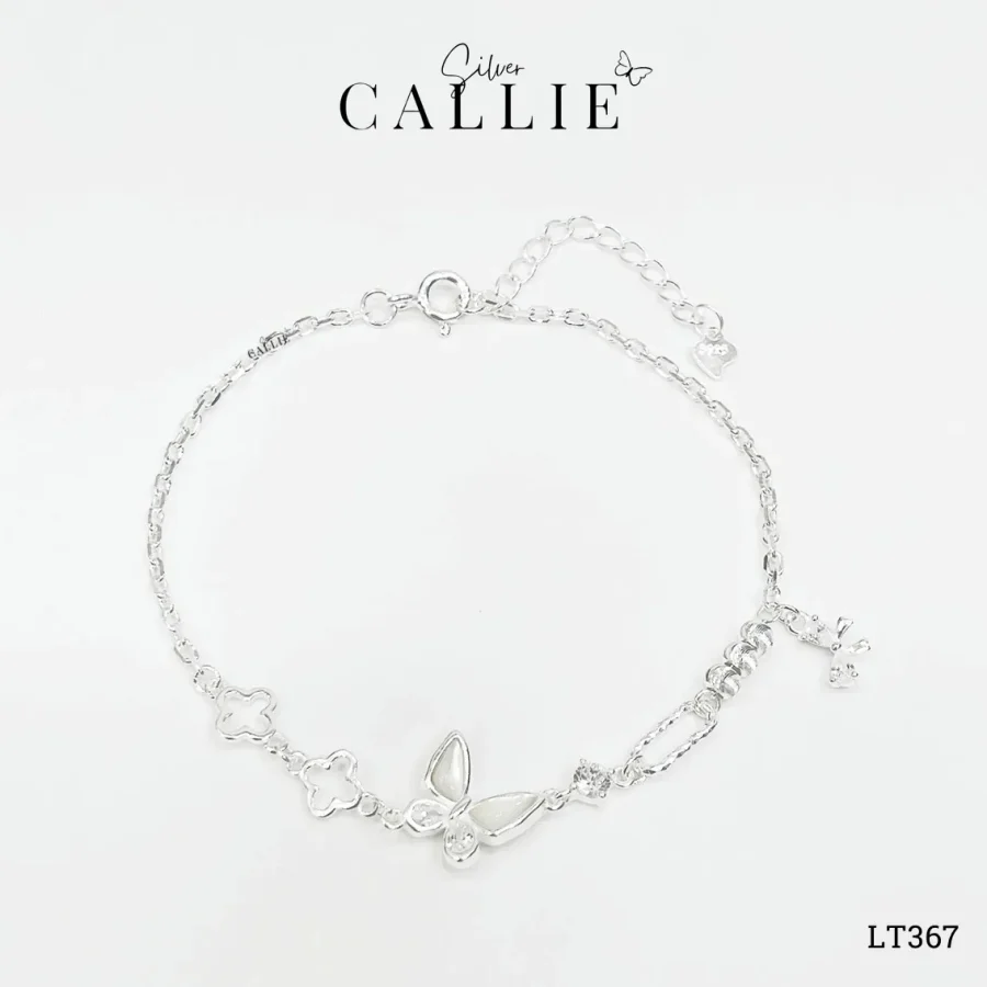 LT367 - Lắc tay bạc Callie Silver cánh bướm xà cừ - hạt charm tròn - cỏ bốn lá