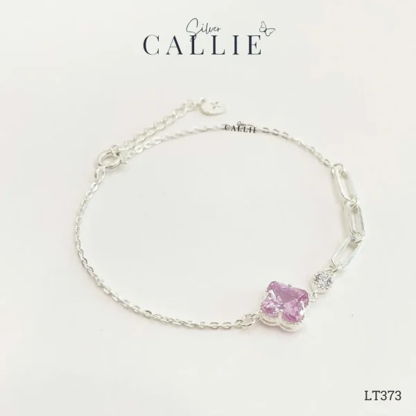 LT373 - Lắc Tay Bạc Callie Silver mặt cỏ 4 lá đá hồng và charm oval
