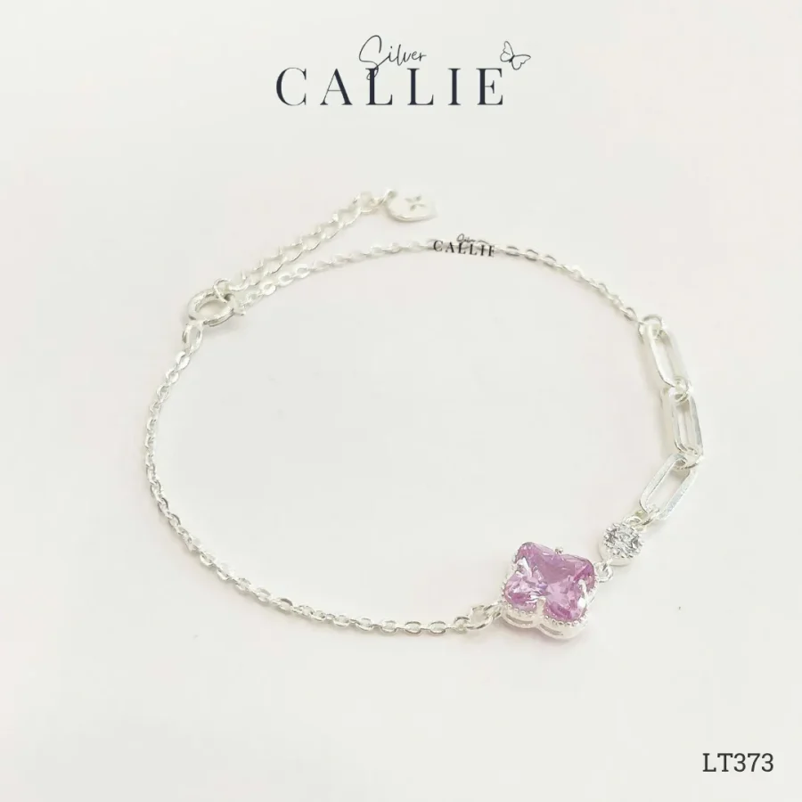 LT373 - Lắc Tay Bạc Callie Silver mặt cỏ 4 lá đá hồng và charm oval