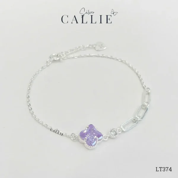 LT374 - Lắc Tay Bạc Callie Silver mặt cỏ 4 lá đá tím và charm oval