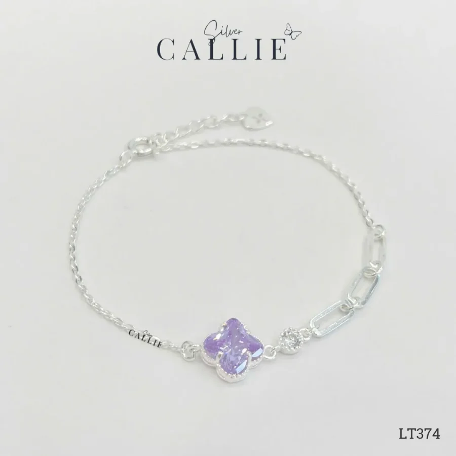LT374 - Lắc Tay Bạc Callie Silver mặt cỏ 4 lá đá tím và charm oval