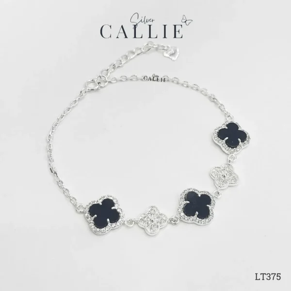 LT375 - Lắc Tay Bạc Callie Silver cỏ 4 lá đen xen kẽ cỏ 4 lá đính đá