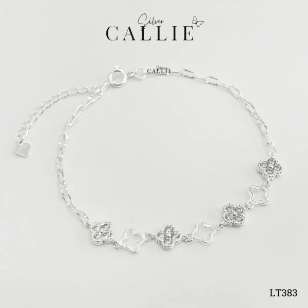 LT383 - Lắc tay bạc Callie Silver cỏ 4 lá đính đá xen kẽ viền