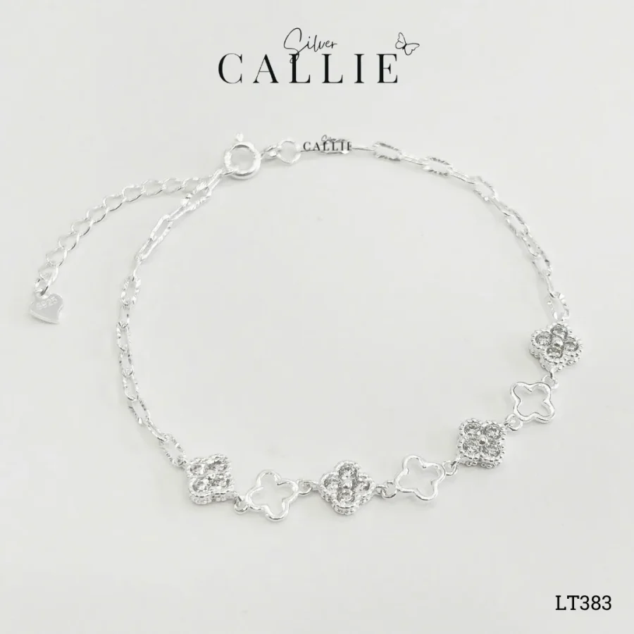 LT383 - Lắc tay bạc Callie Silver cỏ 4 lá đính đá xen kẽ viền