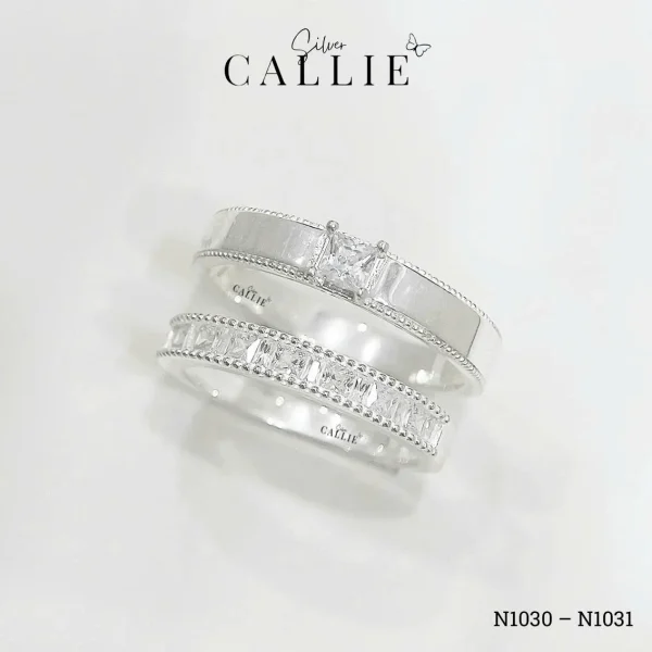 N1030 - N1031: Nhẫn bạc Callie Silver viền bi xen kẽ vuông và baguette