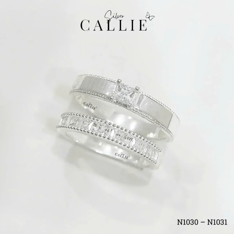 N1030 - N1031: Nhẫn bạc Callie Silver viền bi xen kẽ vuông và baguette