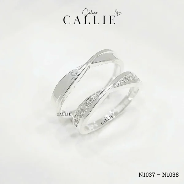 N1037 - N1038: Nhẫn bạc đôi Callie Silver sóng bạc đính đá full Mois