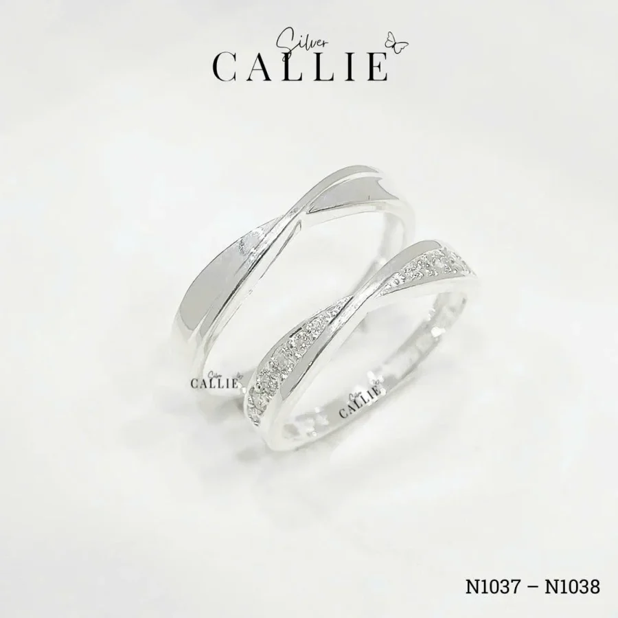 N1037 - N1038: Nhẫn bạc đôi Callie Silver sóng bạc đính đá full Mois