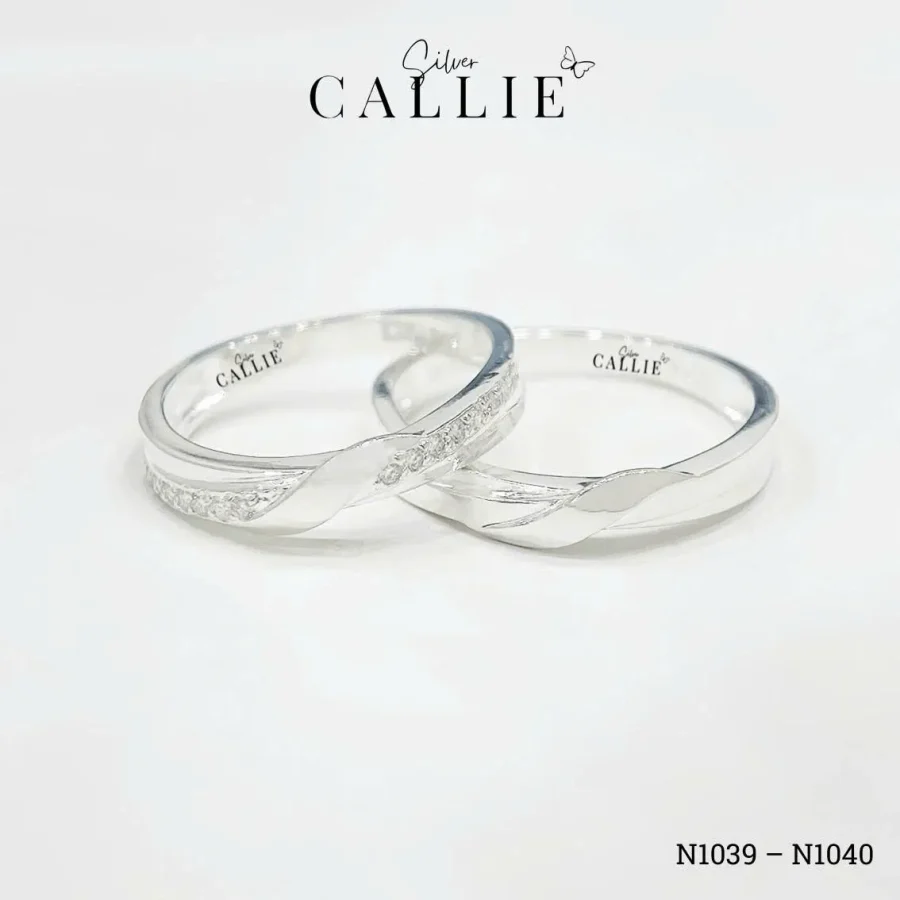 N1039 - N1040: Nhẫn bạc đôi Callie Silver mặt xoắn 2 bên đính đá full Mois