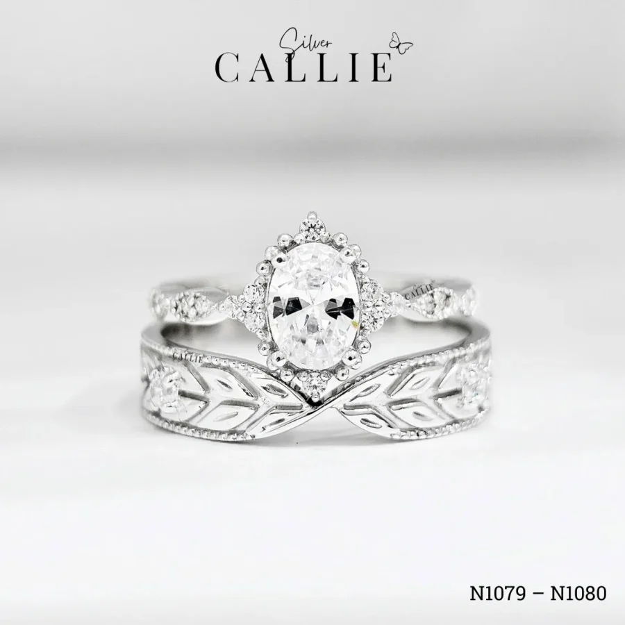 N1079 - N1080: Nhẫn Bạc Đôi Thiết Kế Callie Silver Leafy Vow