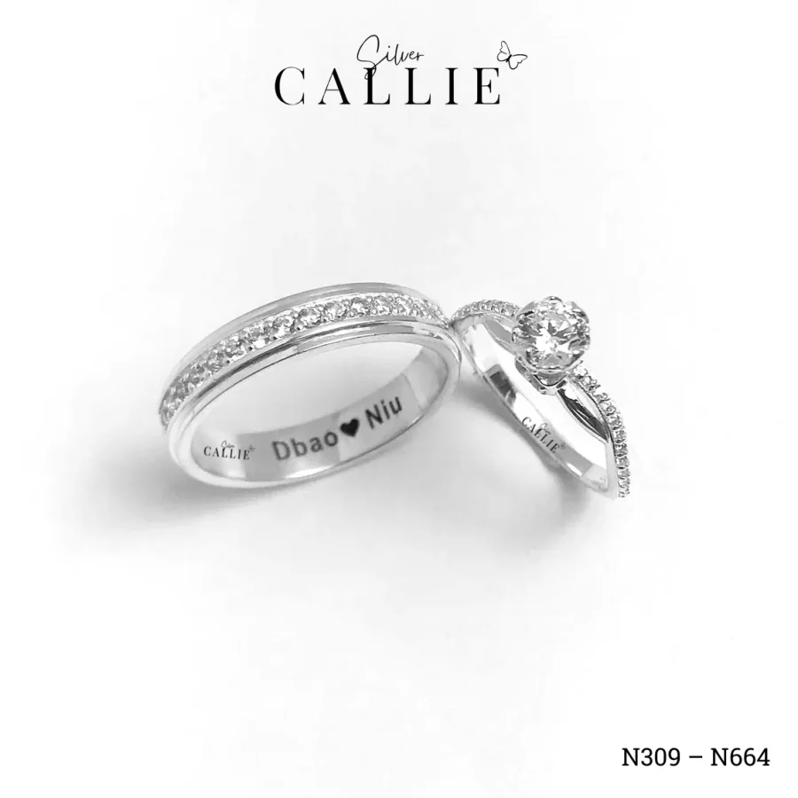 N309 - N664: Nhẫn Bạc Đôi Thiết Kế Callie Silver Đính Đá