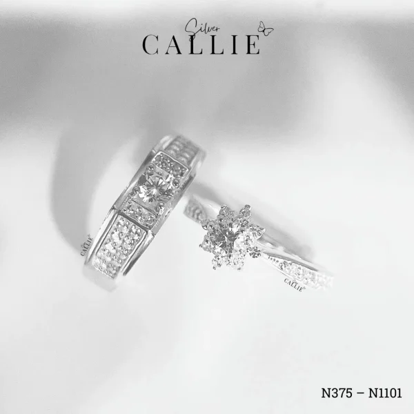 N1101 - N375: Nhẫn Bạc Callie Silver 1 viên chủ đính đá tấm xung quanh
