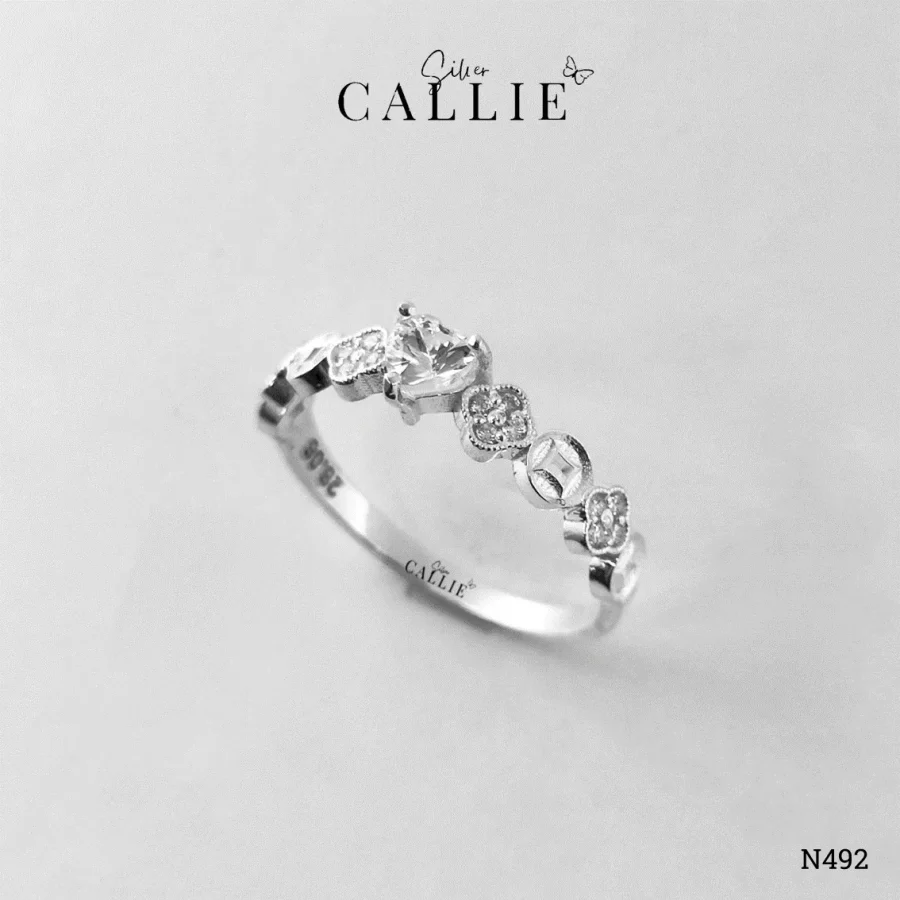N492 - Nhẫn Bạc Thiết Kế Callie Silver Trái Tim, Kim Tiền, Cỏ 4 Lá