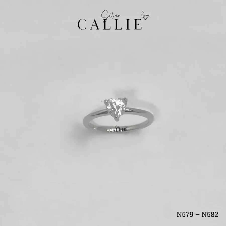 N579 - N582: Nhẫn Bạc Callie Silver Đá Mois Trái Tim Đai Trơn