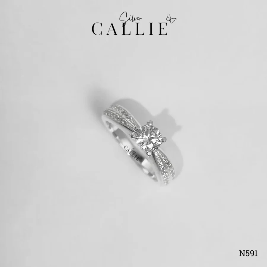 N591 - Nhẫn Bạc Thiết Kế Callie Silver Viên Chủ Đai 2 Hàng Đá