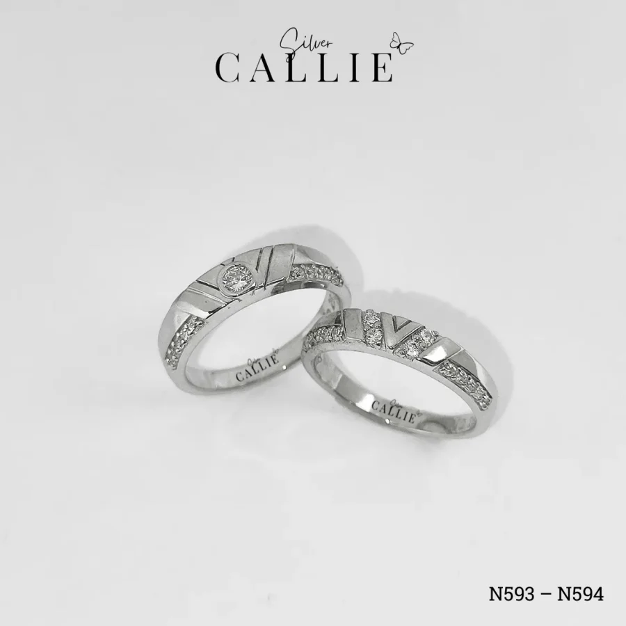N593 - N594: Nhẫn Bạc Đôi Thiết Kế Callie Silver Hình V
