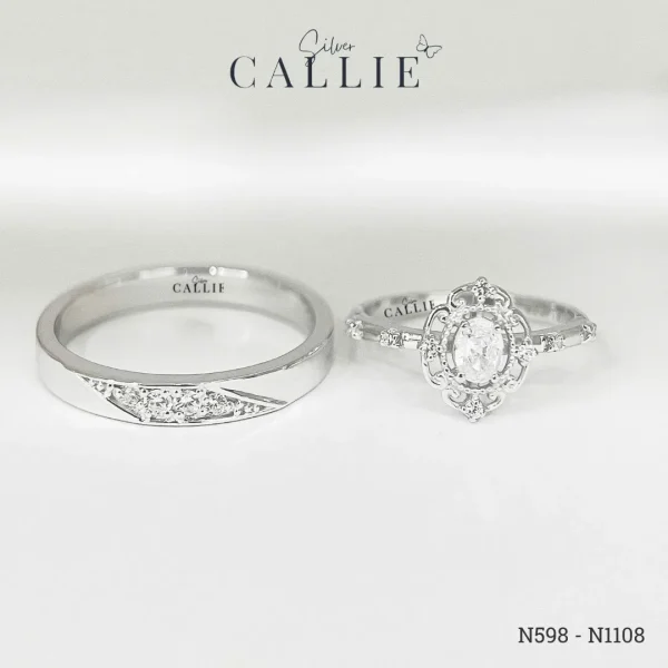 N598 - N1108: Nhẫn Bạc Đôi Thiết Kế Callie Silver Đính Đá Viền Hoa