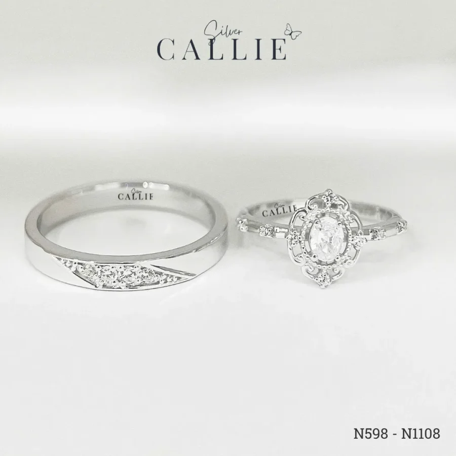 N598 - N1108: Nhẫn Bạc Đôi Thiết Kế Callie Silver Đính Đá Viền Hoa
