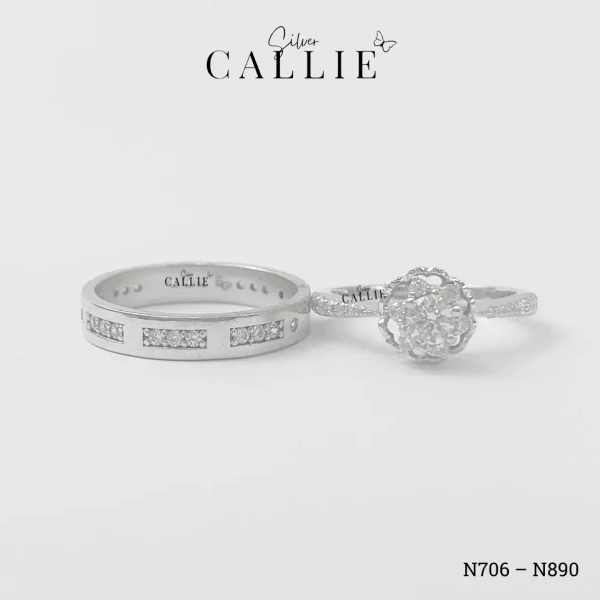 N706 - N890: Nhẫn bạc đôi thiết kế Callie Silver hoa hồng đính đá
