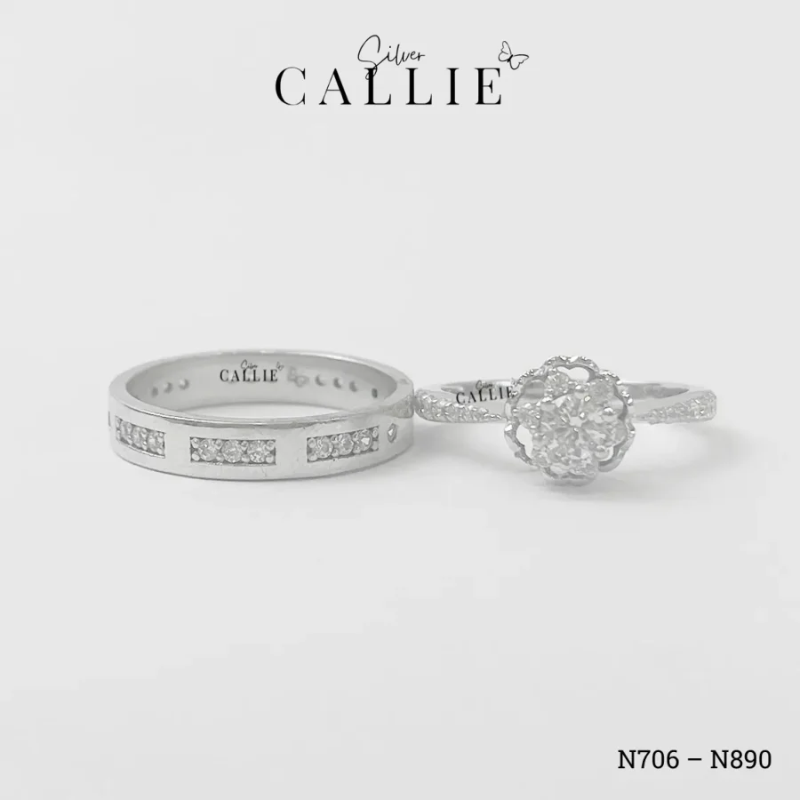 N706 - N890: Nhẫn bạc đôi thiết kế Callie Silver hoa hồng đính đá