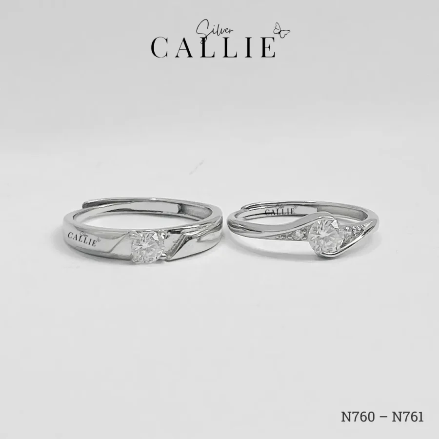 N760 - N761: Nhẫn đôi bạc Callie Silver 1 viên chủ moissanite