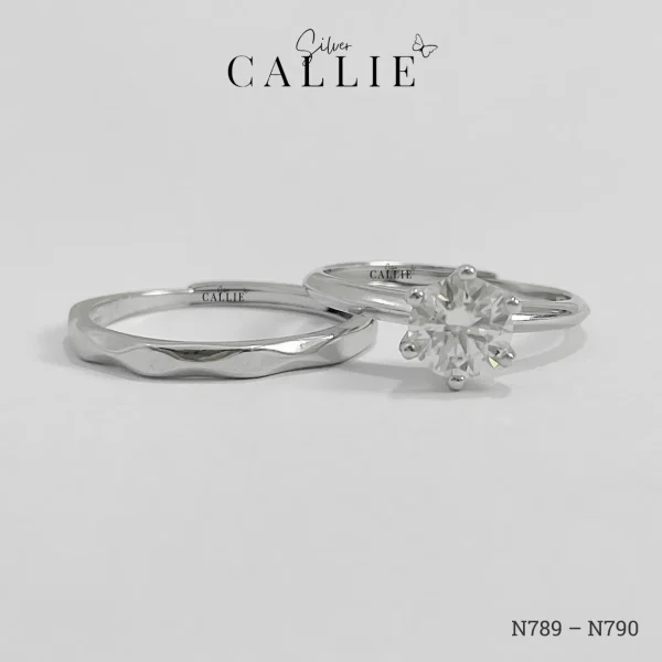 N789 - N790: Nhẫn bạc Callie Silver đôi viên chủ moissanite xi kim