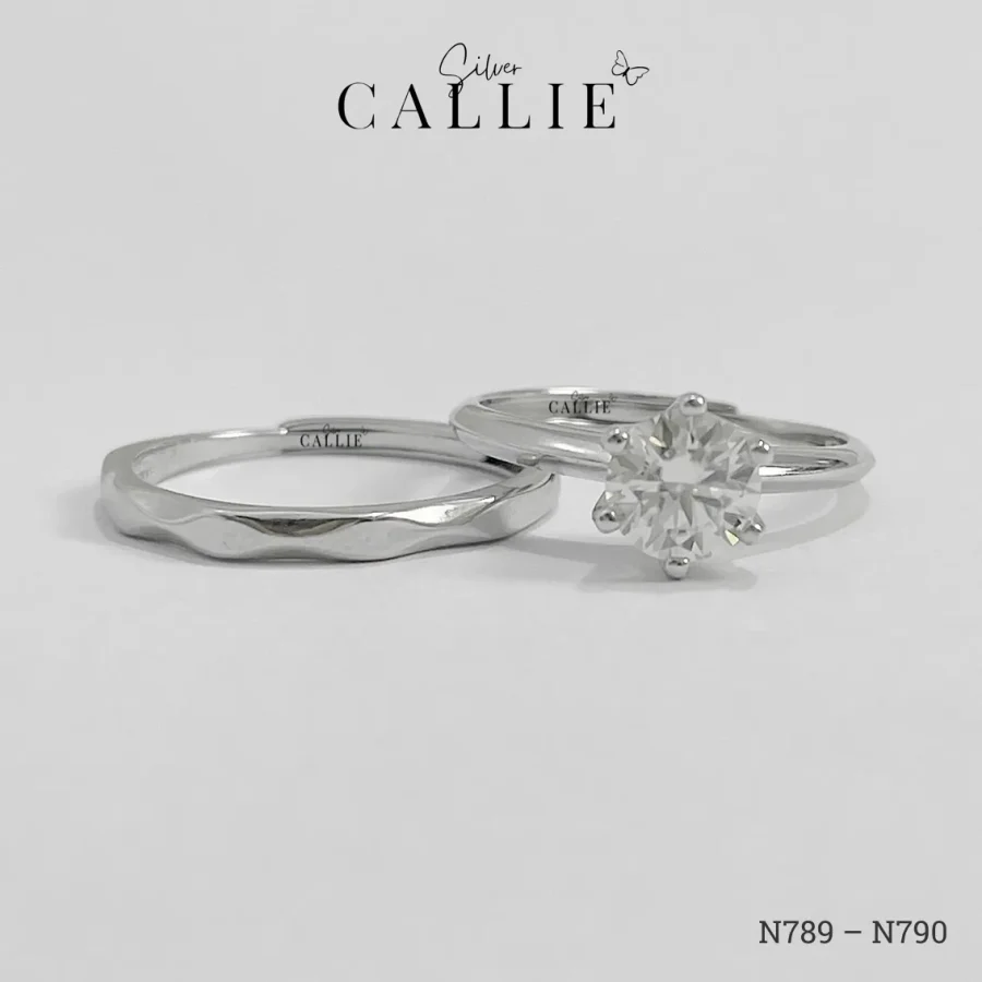 N789 - N790: Nhẫn bạc Callie Silver đôi viên chủ moissanite xi kim