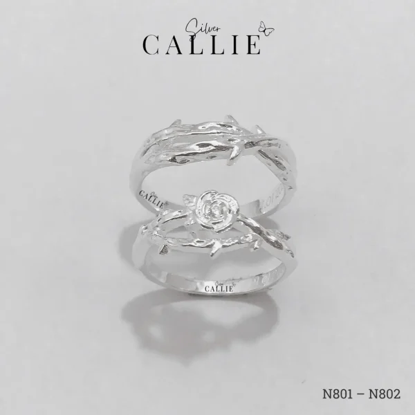 N801 - N802: Nhẫn đôi thiết kế Callie Silver hoa hồng và dây gai