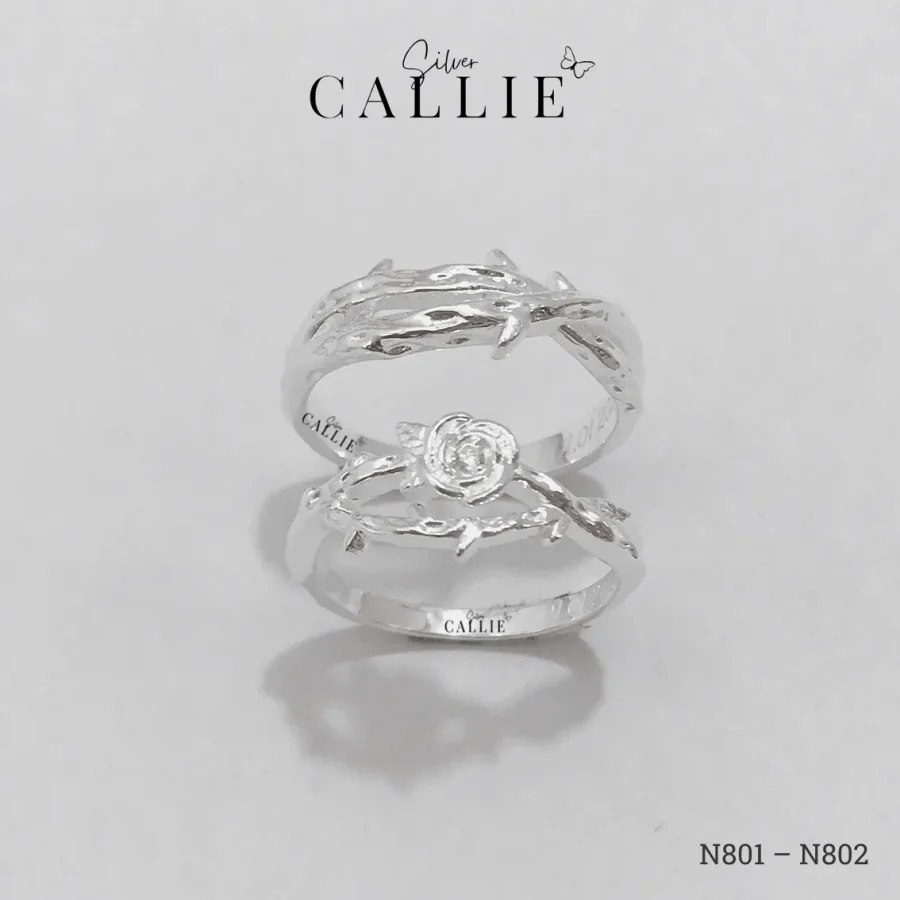 N801 - N802: Nhẫn đôi thiết kế Callie Silver hoa hồng và dây gai