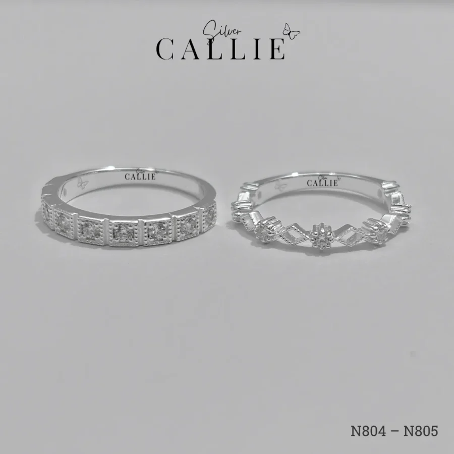 N803 - N804: Nhẫn đôi thiết kế Callie Silver đai hình và đá tròn