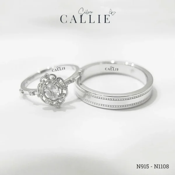 N915 - N1108: Nhẫn bạc đôi thiết kế Callie Silver viền bi và hoa
