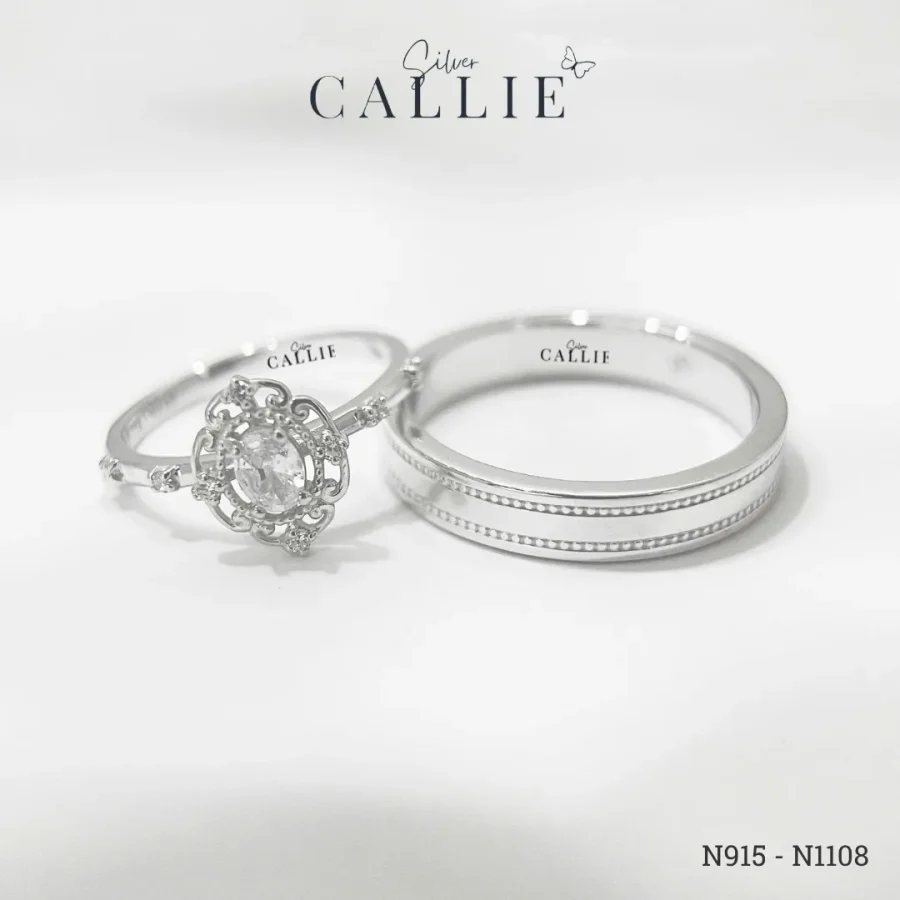 N915 - N1108: Nhẫn bạc đôi thiết kế Callie Silver viền bi và hoa
