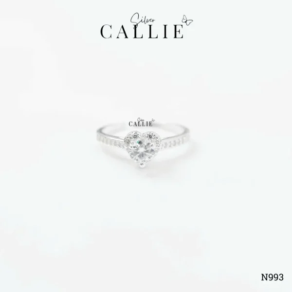 N993 - Nhẫn bạc Callie Silver trái tim đính đá viên chủ hột tròn 4li5 full Mois