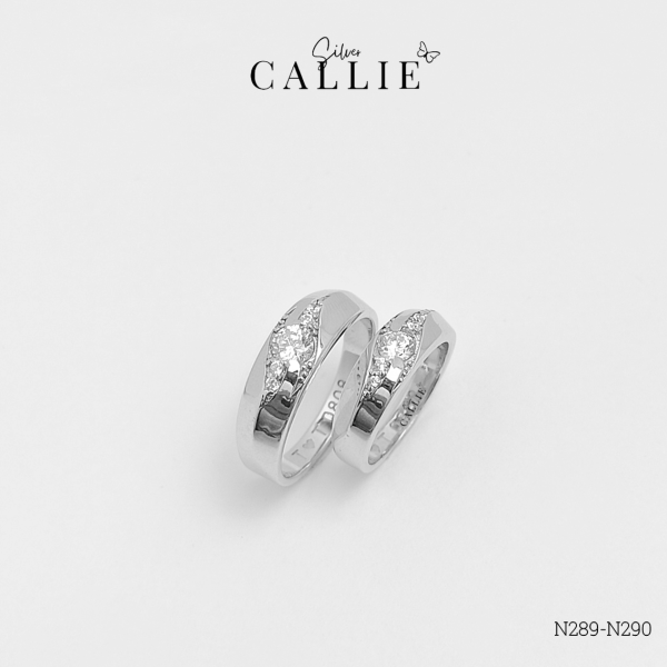 N289 - N290: Nhẫn đôi bạc thiết kế Callie Silver 2 gợn sóng đính đá