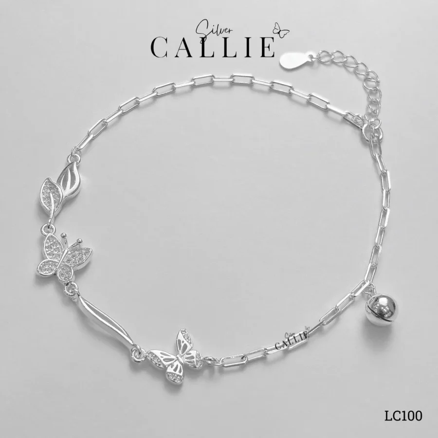 LC100 - Lắc Chân Bạc Callie Silver Bướm Lá Kèm Chuông