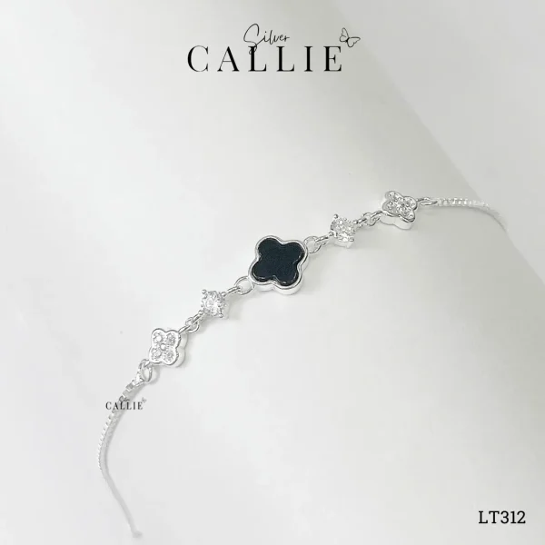 LT312 - Lắc Tay Bạc Callie Silver Cỏ 4 Lá Đen Dây Rút