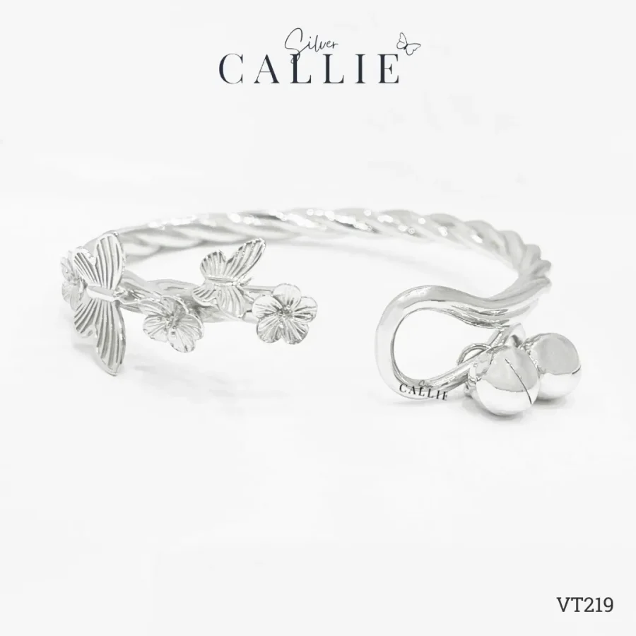 VT219 - Vòng tay bạc thiết kế Callie Silver Hoa Kèm Charm Chuông
